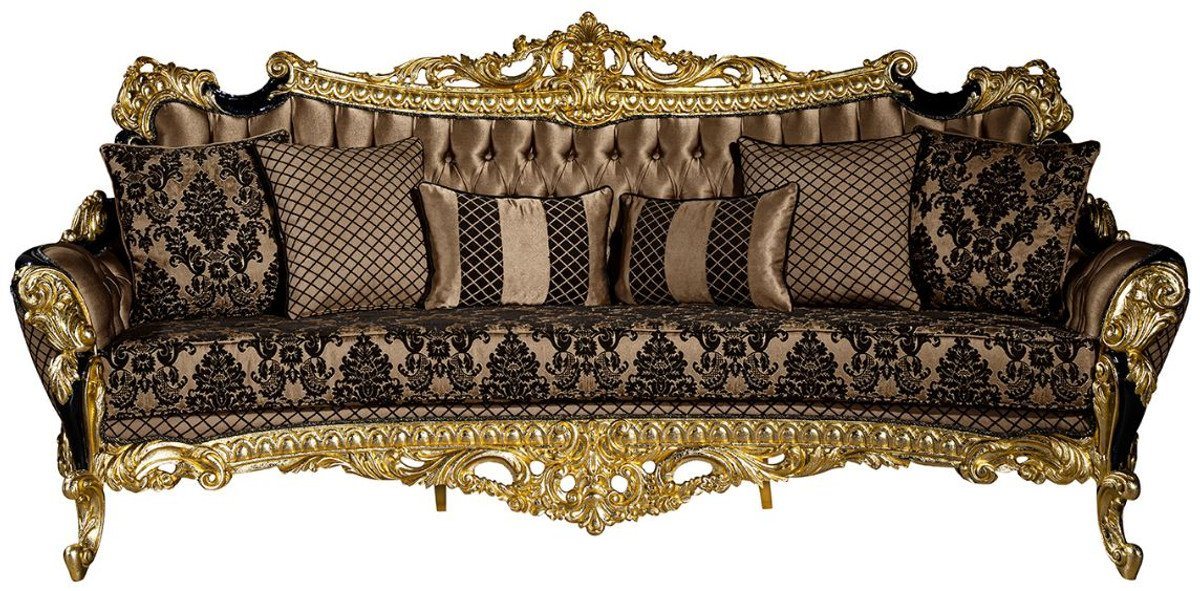 Casa Padrino Sofa Luxus Barock Sofa Braun / Schwarz / Gold 260 x 110 x H. 117 cm - Prunkvolles Wohnzimmer Sofa mit dekorativen Kissen - Edle Barock Möbel von Casa Padrino