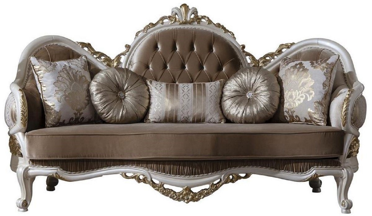 Casa Padrino Sofa Luxus Barock Sofa Braun / Weiß / Gold 220 x 80 x H. 124 cm - Prunkvolles Wohnzimmer Sofa mit dekorativen Kissen - Barock Möbel von Casa Padrino