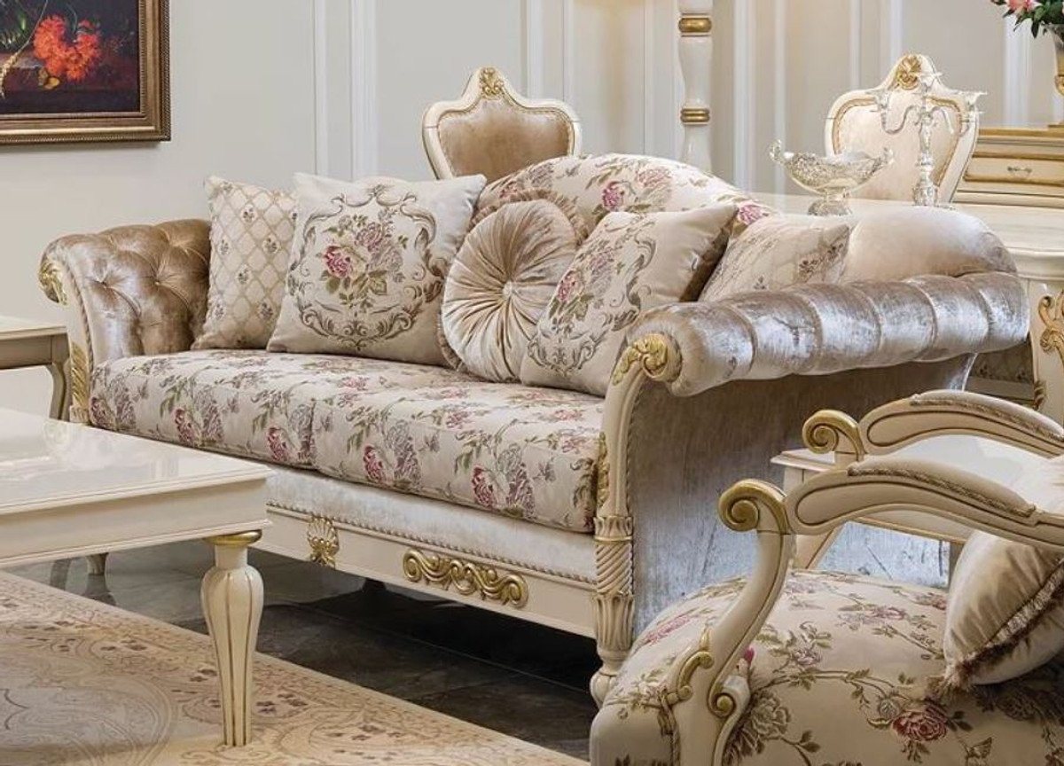 Casa Padrino Sofa Luxus Barock Sofa Creme / Rosa / Weiß / Gold 228 x 90 x H. 100 cm - Edles Wohnzimmer Sofa mit Blumenmuster und dekorativen Kissen - Barock Wohnzimmer Möbel von Casa Padrino