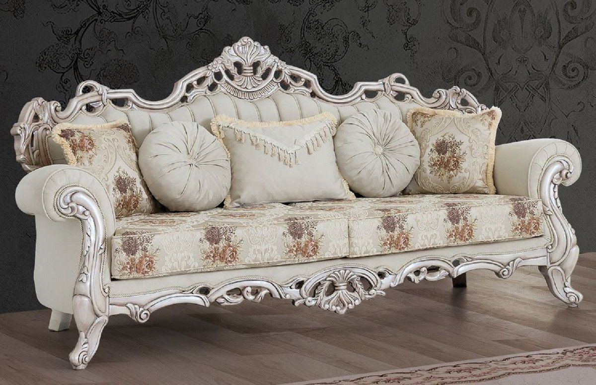 Casa Padrino Sofa Luxus Barock Sofa Cremefarben / Beige / Mehrfarbig / Antik Weiß - Prunkvolles Wohnzimmer Sofa mit elegantem Muster - Barock Wohnzimmer Möbel von Casa Padrino