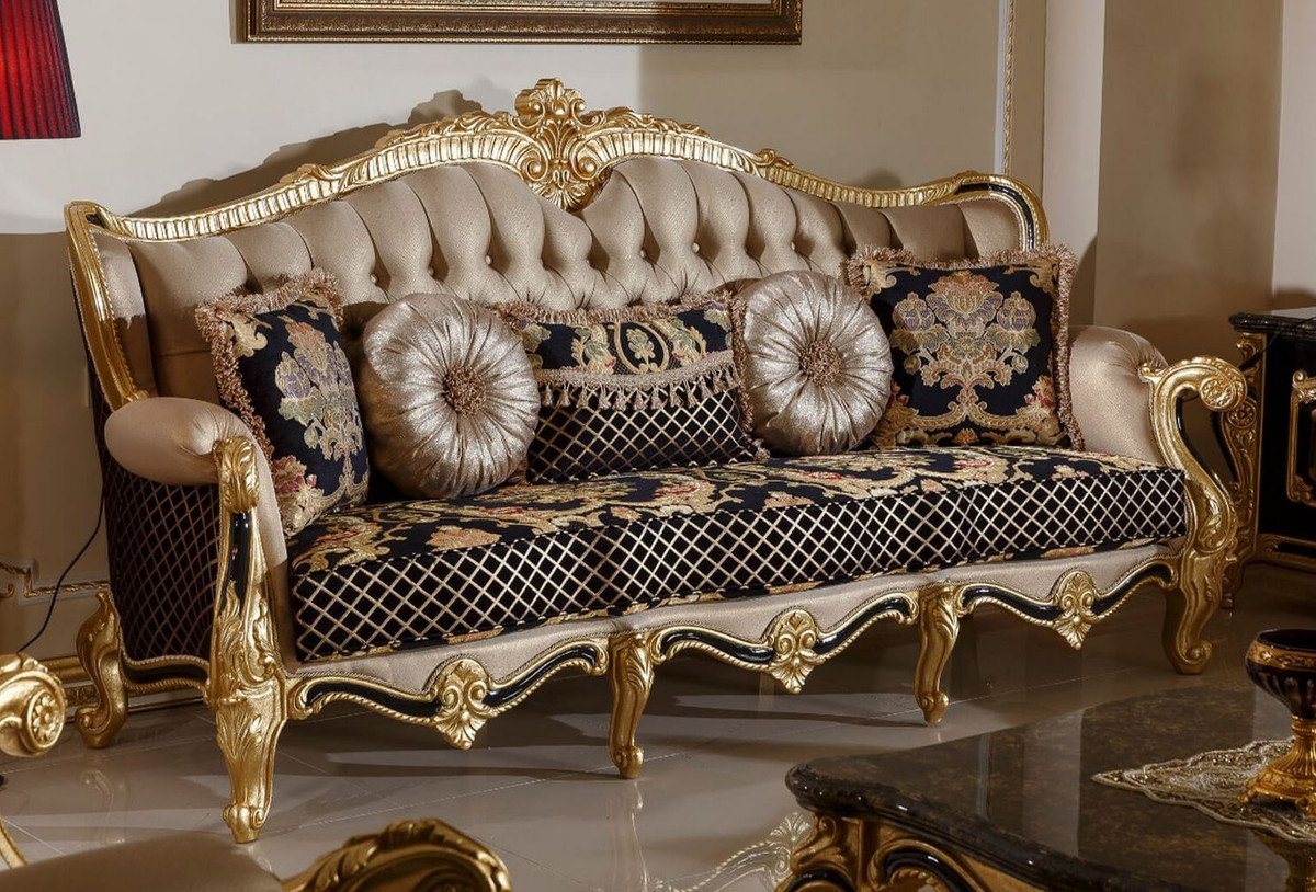 Casa Padrino Sofa Luxus Barock Sofa Gold / Schwarz / Mehrfarbig / Gold - Prunkvolles Wohnzimmer Sofa mit elegantem Muster - Barock Wohnzimmer Möbel von Casa Padrino