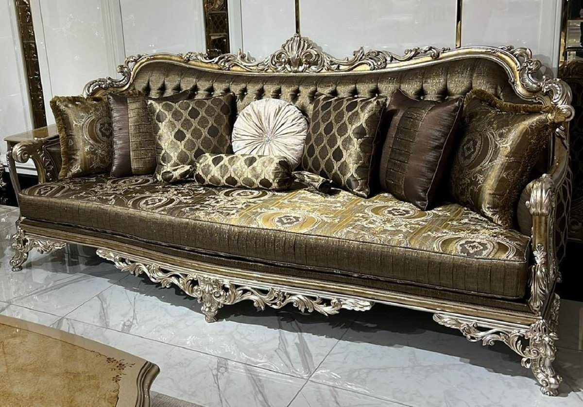 Casa Padrino Sofa Luxus Barock Sofa Gold / Silber - Prunkvolles Wohnzimmer Sofa mit dekorativen Kissen - Barock Wohnzimmer Möbel - Edel & Prunkvoll von Casa Padrino