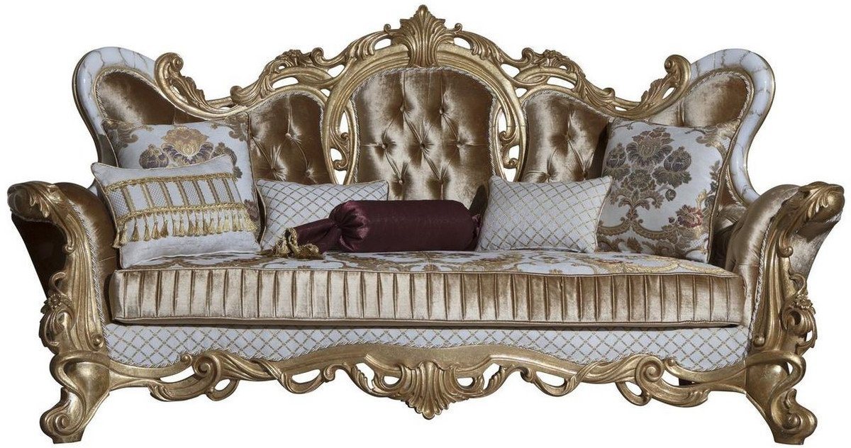 Casa Padrino Sofa Luxus Barock Sofa Gold / Weiß / Gold 248 x 108 x H. 122 cm - Wohnzimmer Sofa mit elegantem Muster und dekorativen Kissen - Prunkvolle Barock Möbel von Casa Padrino