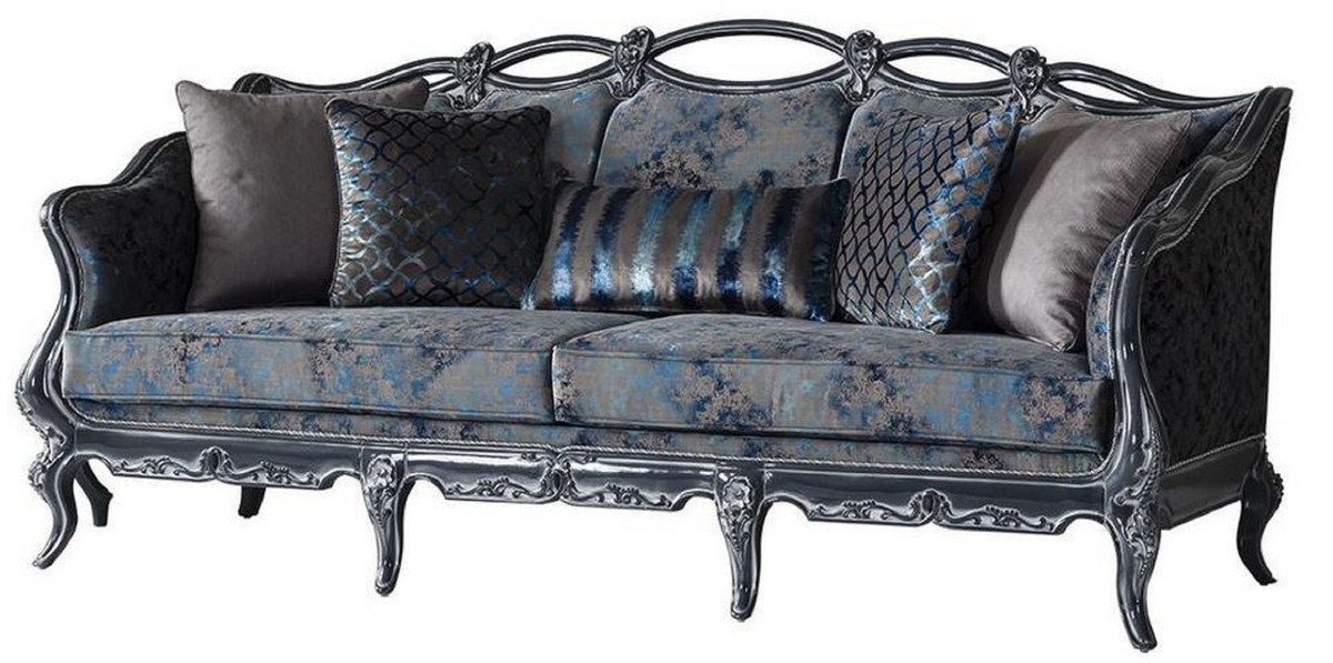 Casa Padrino Sofa Luxus Barock Sofa Grau / Blau / Grau 224 x 103 x H. 110 cm - Edles Wohnzimmer Sofa mit elegantem Muster und dekorativen Kissen - Barockstil Wohnzimmer Möbel von Casa Padrino