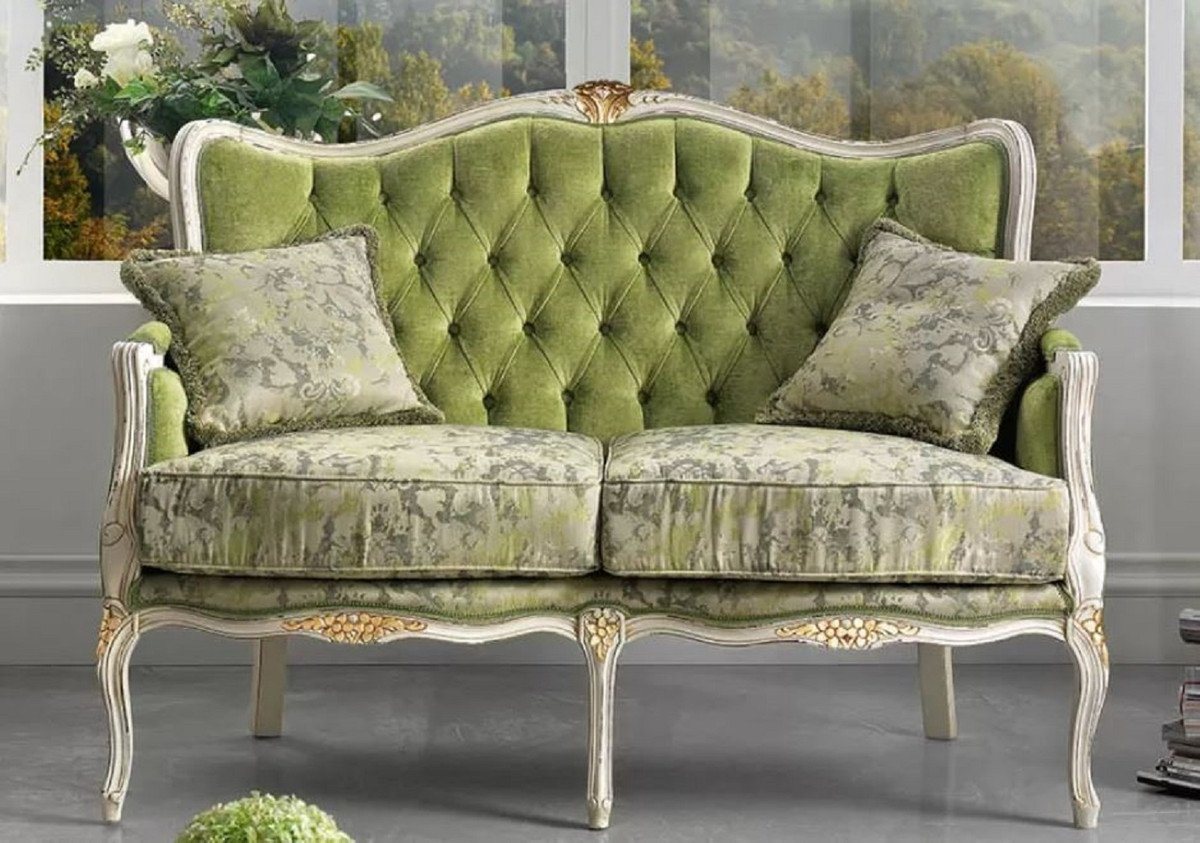 Casa Padrino Sofa Luxus Barock Sofa Grün / Weiß / Gold - Edles Wohnzimmer Sofa mit elegantem Muster und 2 dekorativen Kissen - Barock Möbel - Luxus Qualität - Made in Italy von Casa Padrino