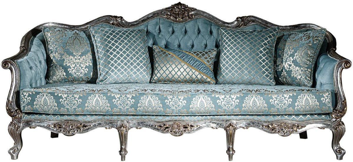 Casa Padrino Sofa Luxus Barock Sofa Hellblau / Silber / Gold 238 x 85 x H. 106 cm - Wohnzimmer Sofa mit elegantem Muster und dekorativen Kissen - Barock Wohnzimmer Möbel von Casa Padrino