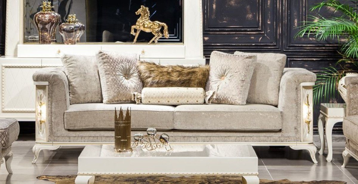 Casa Padrino Sofa Luxus Barock Sofa Hellgrau / Weiß / Gold - Beleuchtetes Wohnzimmer Sofa im Barockstil - Barock Wohnzimmer Möbel - Edel & Prunkvoll von Casa Padrino