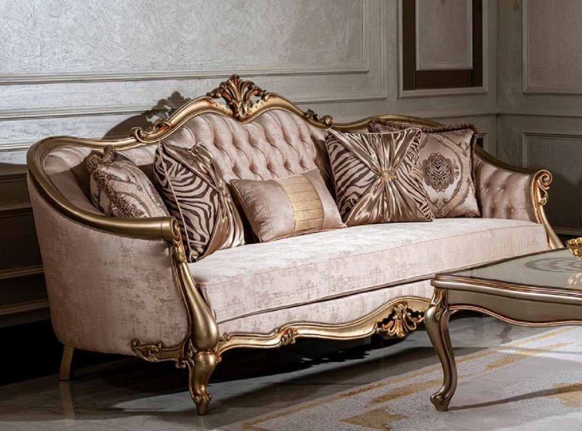 Casa Padrino Sofa Luxus Barock Sofa Rosa / Gold - Handgefertigtes Wohnzimmer Sofa mit dekorativen Kissen - Wohnzimmer Möbel - Barock Möbel von Casa Padrino