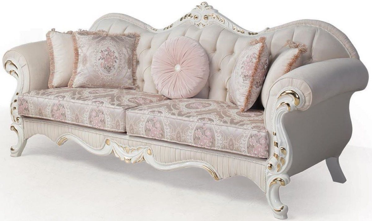Casa Padrino Sofa Luxus Barock Sofa Rosa / Weiß / Gold 237 x 90 x H. 99 cm - Wohnzimmer Couch mit dekorativen Kissen - Barockmöbel von Casa Padrino