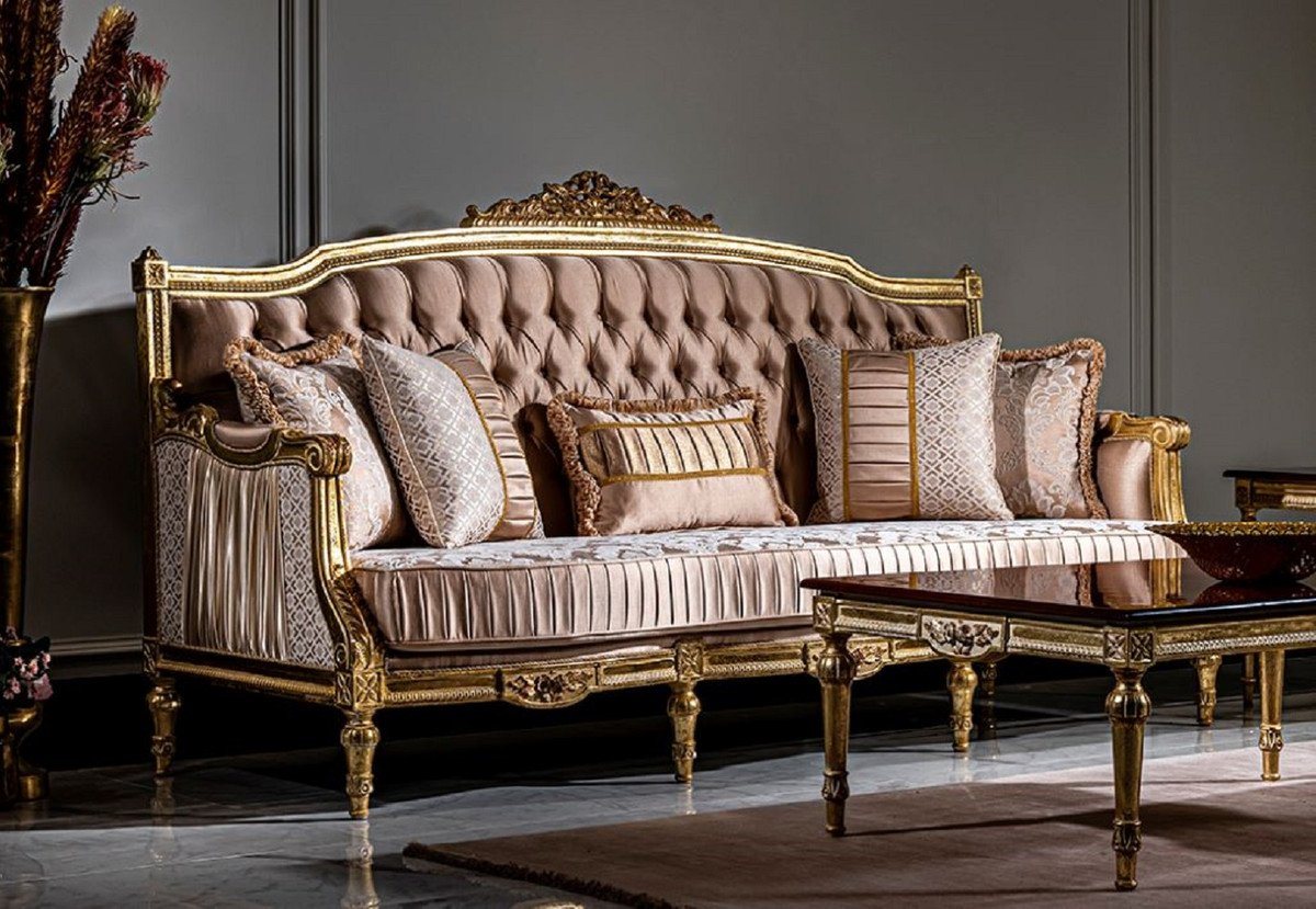 Casa Padrino Sofa Luxus Barock Sofa Rosa / Weiß / Gold - Handgefertigtes Wohnzimmer Sofa mit dekorativen Kissen - Barock Möbel von Casa Padrino