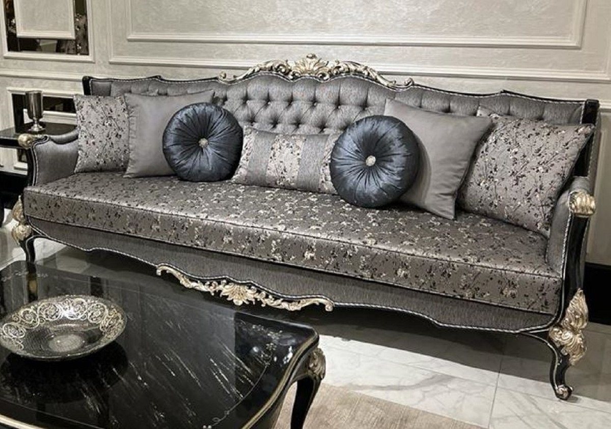 Casa Padrino Sofa Luxus Barock Sofa Silber / Schwarz / Silber - Handgefertigtes Wohnzimmer Sofa mit elegantem Muster und dekorativen Kissen - Wohnzimmer Möbel im Barockstil von Casa Padrino
