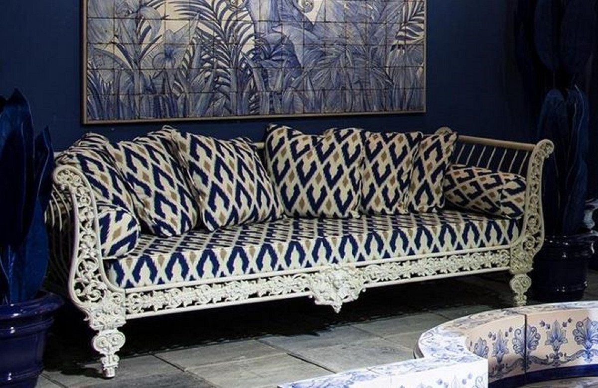 Casa Padrino Sofa Luxus Barock Sofa Weiß / Blau / Gold 212 x 87 x H. 77 cm - Handgeschmiedetes Schmiedeeisen Sofa mit Kissen - Wohnzimmer Sofa - Garten Sofa - Terrassen Sofa - Barock Möbel von Casa Padrino