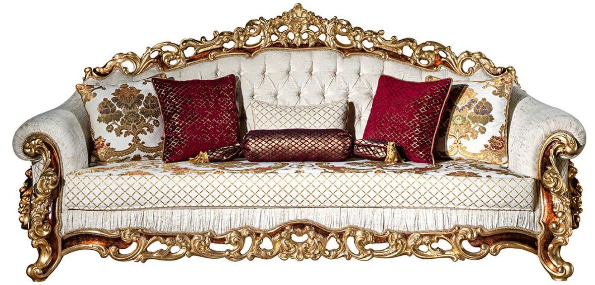 Casa Padrino Sofa Luxus Barock Sofa Weiß / Gold / Braun / Gold - Prunkvolles Wohnzimmer Sofa mit dekorativen Kissen - Barock Möbel von Casa Padrino