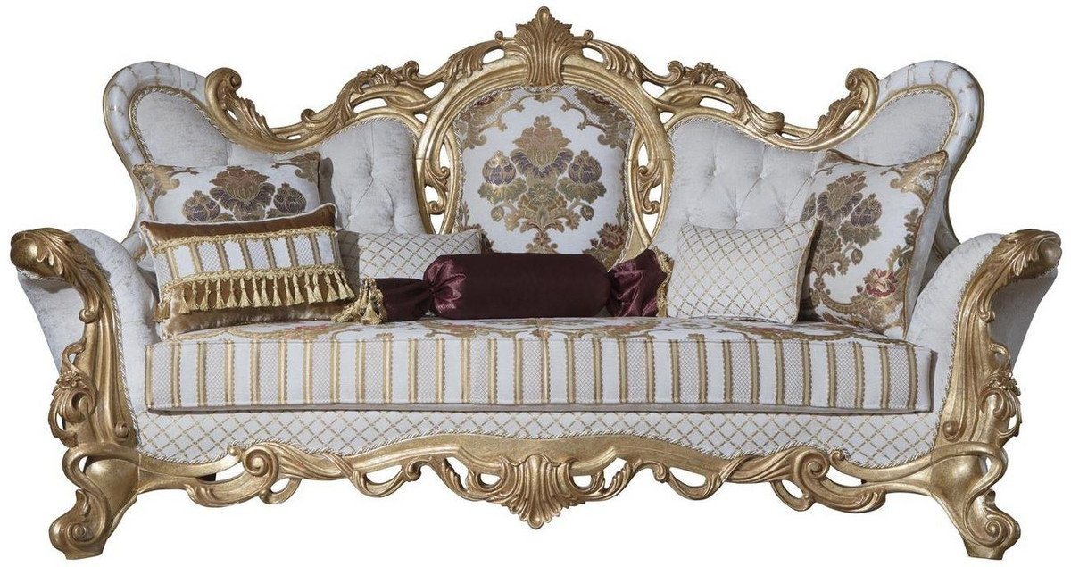 Casa Padrino Sofa Luxus Barock Sofa Weiß / Gold 248 x 108 x H. 122 cm - Wohnzimmer Sofa mit elegantem Muster und dekorativen Kissen - Prunkvolle Barock Möbel von Casa Padrino