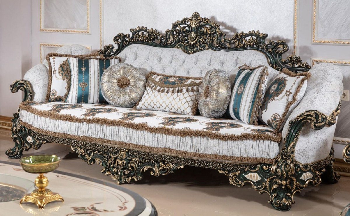 Casa Padrino Sofa Luxus Barock Sofa Weiß / Mehrfarbig / Grün / Gold - Prunkvolles Wohnzimmer Sofa mit elegantem Muster - Barock Wohnzimmer & Hotel Möbel - Edel & Prunkvoll von Casa Padrino