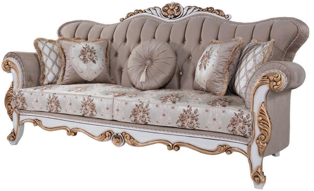 Casa Padrino Sofa Luxus Barock Sofa mit Kissen Grau / Mehrfarbig / Weiß / Bronze 232 x 87 x H. 101 cm - Wohnzimmer Couch mit Blumenmuster und wunderschönen Verzierungen von Casa Padrino