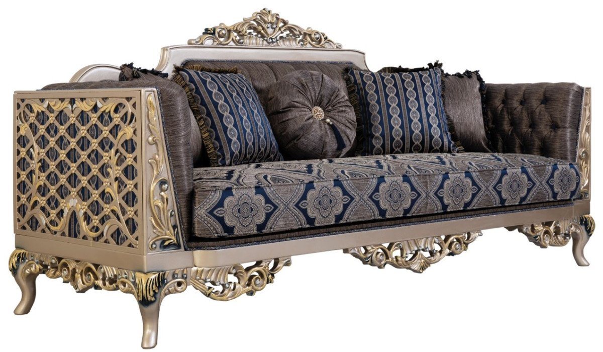 Casa Padrino Sofa Luxus Barock Sofa mit dekorativen Kissen Blau / Silber / Gold 226 x 90 x H. 110 cm - Barock Wohnzimmer Möbel von Casa Padrino