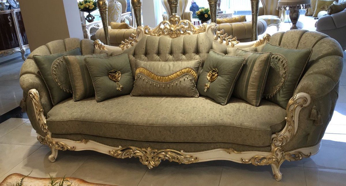 Casa Padrino Sofa Luxus Barock Wohnzimmer Sofa Grün / Weiß / Gold - Handgefertigte Barock Wohnzimmer Möbel - Edel & Prunkvoll von Casa Padrino