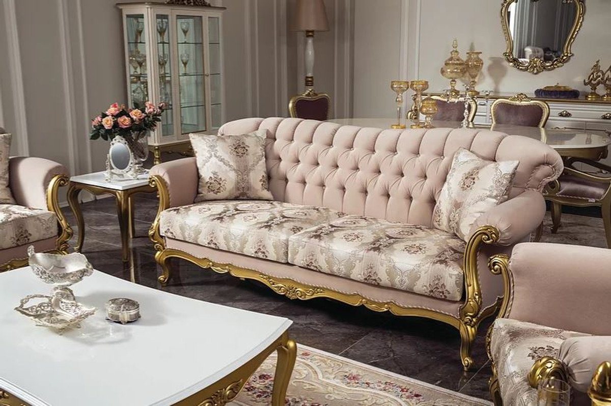 Casa Padrino Sofa Luxus Barock Wohnzimmer Sofa Rosa / Gold 220 x 82 x H. 95 cm - Massivholz Sofa mit elegantem Muster und dekorativen Kissen - Wohnzimmer Möbel im Barockstil von Casa Padrino