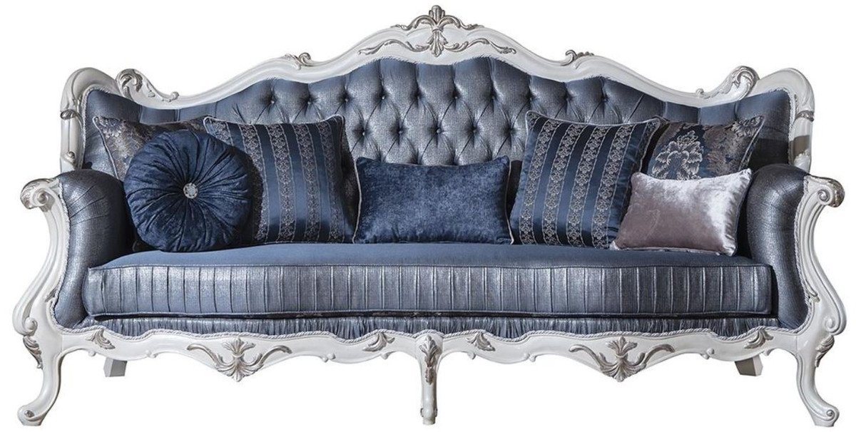 Casa Padrino Sofa Luxus Barock Wohnzimmer Sofa mit dekorativen Kissen Blau / Weiß / Silber 240 x 90 x H. 120 cm - Prunkvolle Barock Möbel von Casa Padrino