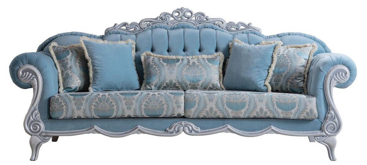 Casa Padrino Sofa Luxus Barock Wohnzimmer Sofa mit dekorativen Kissen Hellblau / Grau 237 x 90 x H. 105 cm - Barock Möbel - Edel & Prunkvoll von Casa Padrino