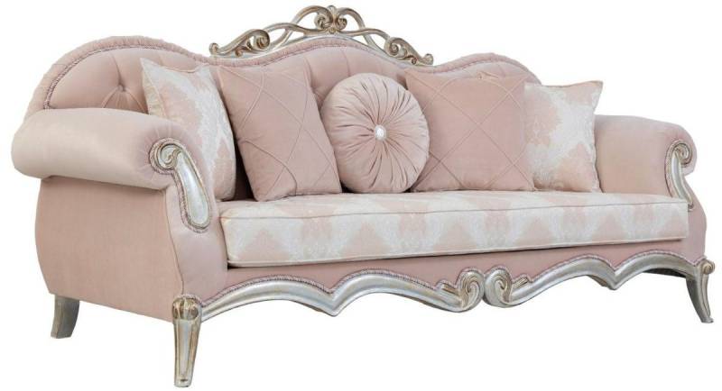 Casa Padrino Sofa Luxus Barock Wohnzimmer Sofa mit dekorativen Kissen Rosa / Silber / Gold 230 x 90 x H. 105 cm - Prunkvolle Möbel im Barockstil von Casa Padrino