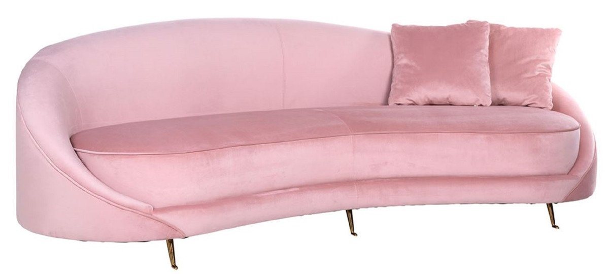 Casa Padrino Sofa Luxus Samt Sofa Rosa / Gold 240 x 100 x H. 77 cm - Gebogenes Wohnzimmer Sofa mit 2 dekorativen Kissen - Luxus Wohnzimmer Möbel von Casa Padrino