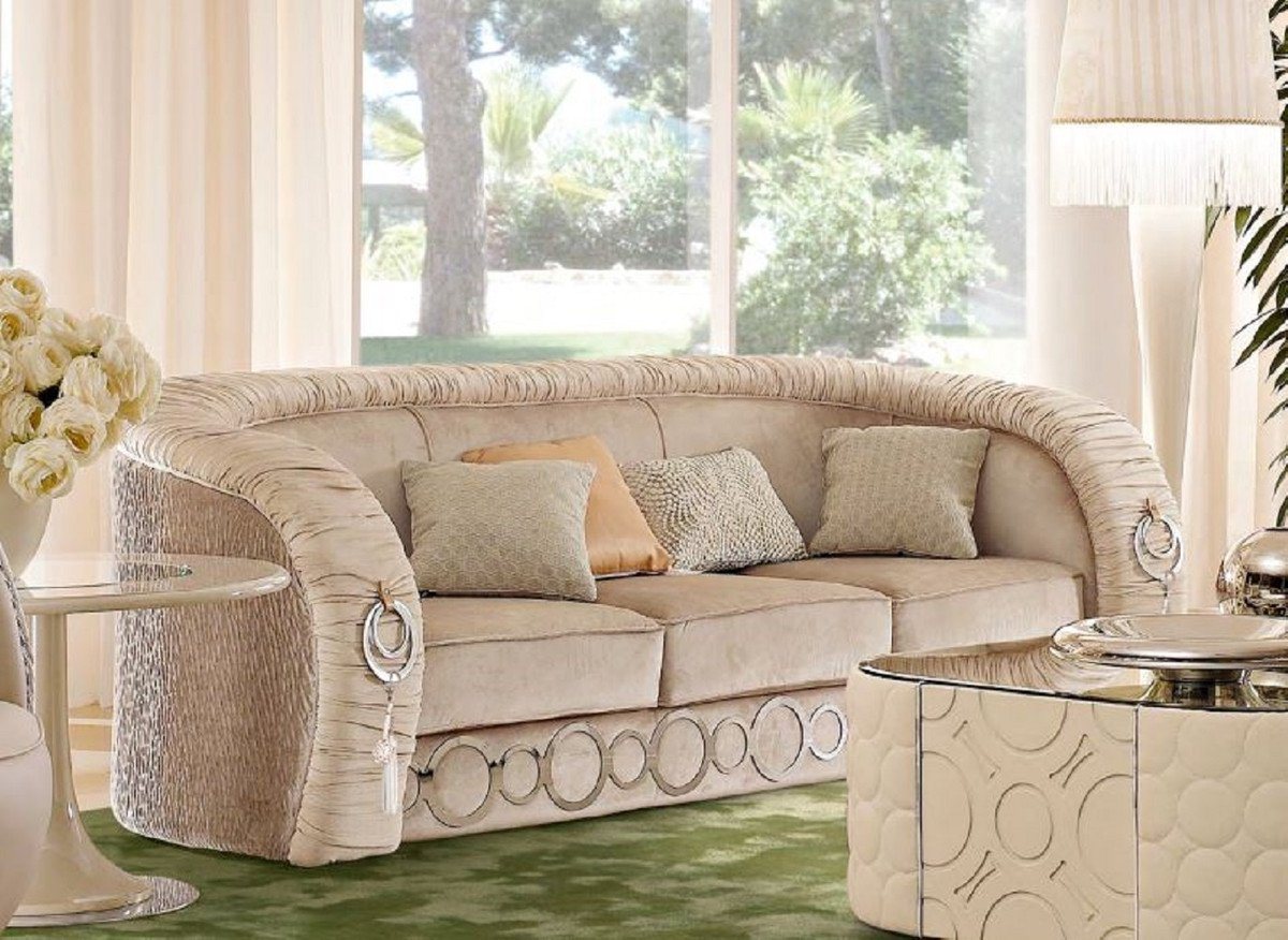 Casa Padrino Sofa Luxus Sofa mit Metall Ornamenten Beige / Silber 260 x 103 x H. 80 cm - Luxus Wohnzimmer & Hotel Möbel - Erstklassische Qualität - Made in Italy von Casa Padrino