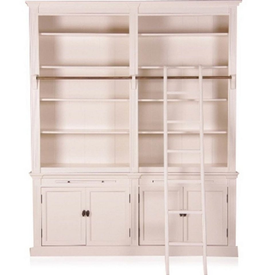 Casa Padrino Stauraumschrank Bücherregal im Landhausstil (B 200 x T 36 x H 240) mit Leiter (H 200 cm) weiss Antik-Look - shabby-chic Regalschrank, Bücherschrank von Casa Padrino