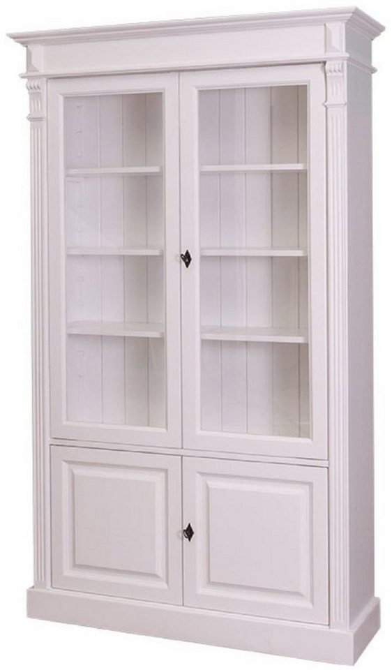 Casa Padrino Stauraumschrank Landhausstil Bücherschrank Weiß 119 x 39 x H. 197 cm - Wohnzimmerschrank mit 4 Türen - Massivholz Schrank - Vitrinenschrank - Landhausstil Wohnzimmermöbel von Casa Padrino