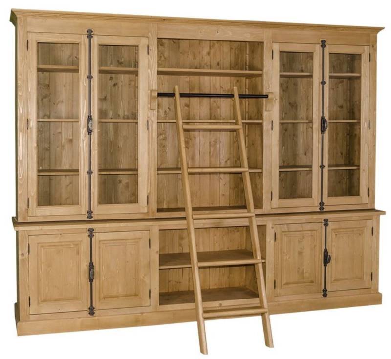 Casa Padrino Stauraumschrank Landhausstil Bücherschrank mit Leiter Naturfarben 300 x 50 x H. 230 cm - Landhausstil Möbel von Casa Padrino