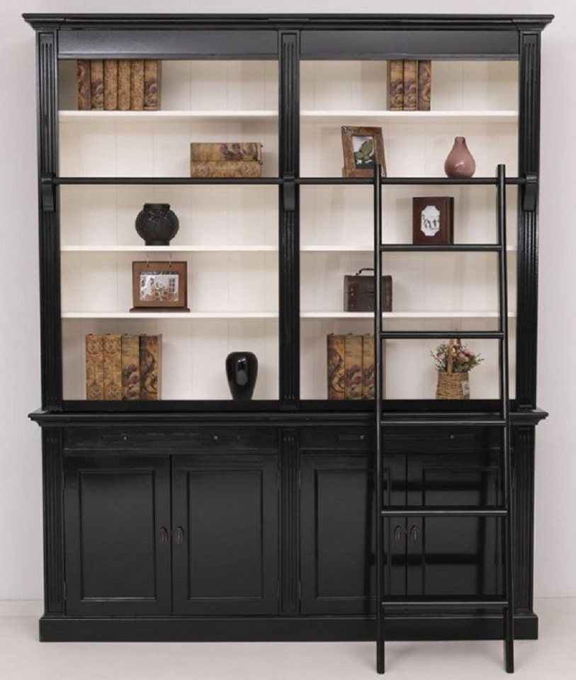 Casa Padrino Stauraumschrank Landhausstil Bücherschrank mit Leiter Schwarz / Weiß 200 x 40 x H. 240 cm - Massivholz Schrank - Wohnzimmerschrank - Regalschrank - Büroschrank - Landhausstil Möbel von Casa Padrino