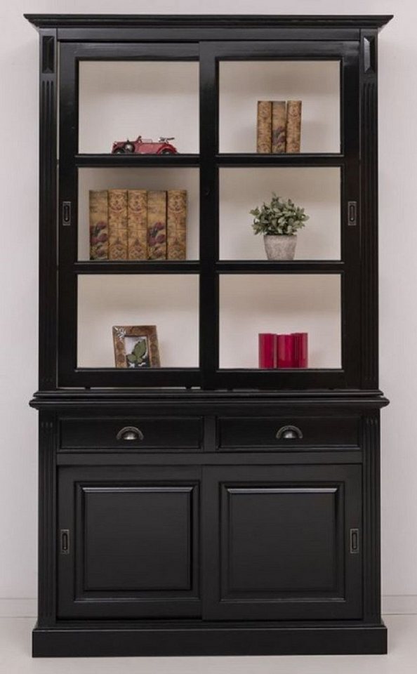 Casa Padrino Stauraumschrank Landhausstil Schrank Schwarz / Weiß 128 x 51 x H. 220 cm - Massivholz Vitrine mit 4 Schiebetüren und 2 Schubladen - Landhausstil Massivholz Möbel von Casa Padrino