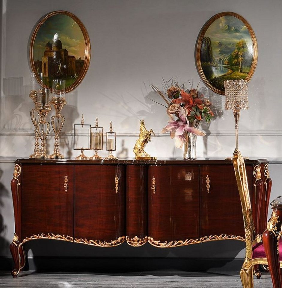 Casa Padrino Stauraumschrank Luxus Barock Sideboard Dunkelbraun / Gold 224 x 57 x H. 105 cm - Edler Schrank mit Glasplatte und 4 Türen - Barock Möbel von Casa Padrino