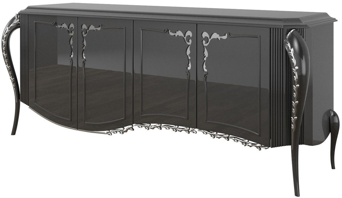 Casa Padrino Stauraumschrank Luxus Barock Sideboard Schwarz / Silber 218 x 56 x H. 94 cm - Edler Wohnzimmer Schrank mit 4 Türen - Barock Möbel von Casa Padrino