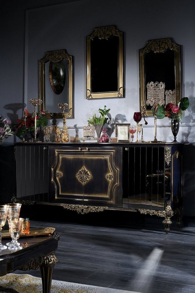 Casa Padrino Stauraumschrank Luxus Barock Wohnzimmer Set Blau / Gold / Schwarz - Sideboard und 3 Spiegel - Barockmöbel von Casa Padrino