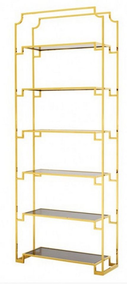 Casa Padrino Stauraumschrank Luxus Regal Schrank Edelstahl Gold mit Rauchglas B 90 x H 230 cm Bücherregal Regal Schrank - Art Deco Möbel von Casa Padrino