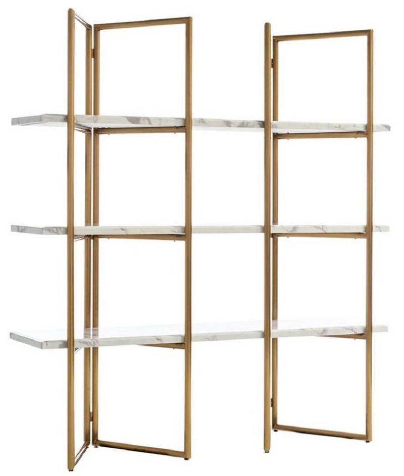 Casa Padrino Stauraumschrank Luxus Regalschrank Gold / Weiß 165 x 46,5 x H. 185 cm - Edelstahl Schrank mit 3 Kunstmarmor Regalplatten - Wohnzimmerschrank - Bücherschrank - Wohnzimmer Möbel von Casa Padrino