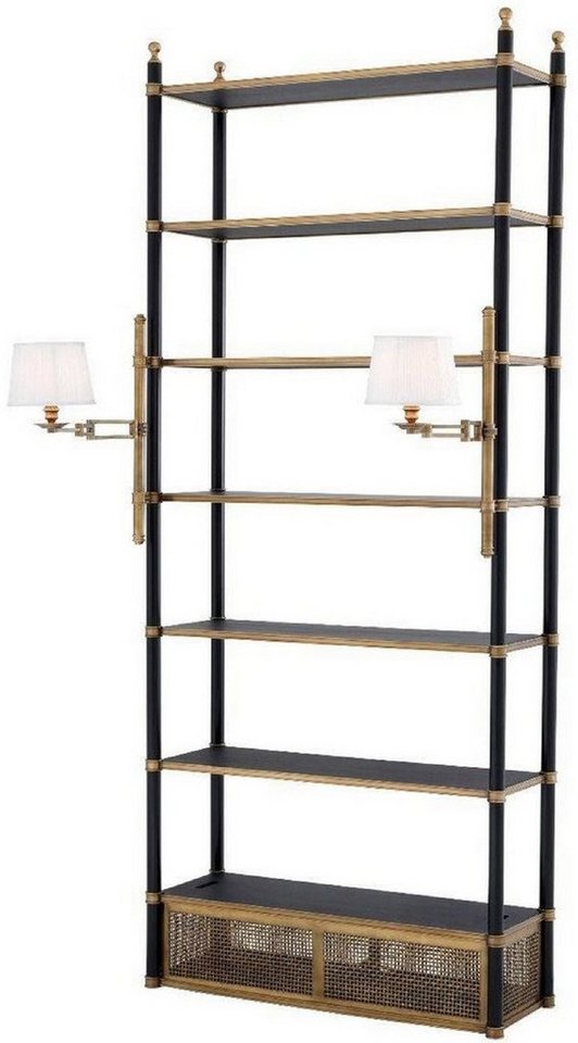 Casa Padrino Stauraumschrank Luxus Regalschrank mit 2 schwenkbaren Leuchten Vintage Messing / Schwarz 105 x 44 x H. 250 cm - Bücherschrank - Wohnzimmerschrank - Büroschrank - Luxus Möbel von Casa Padrino