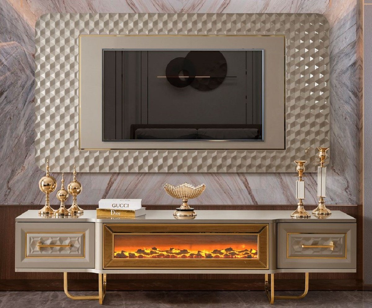 Casa Padrino TV-Schrank Casa Padrino Luxus Art Deco TV Schrank Set Grau / Gold - Wohnzimmer Sideboard mit LED Elektrokamin & TV Rückwand - Art Deco Möbel - Wohnzimmer Möbel - Luxus Möbel - Luxus Einrichtung von Casa Padrino