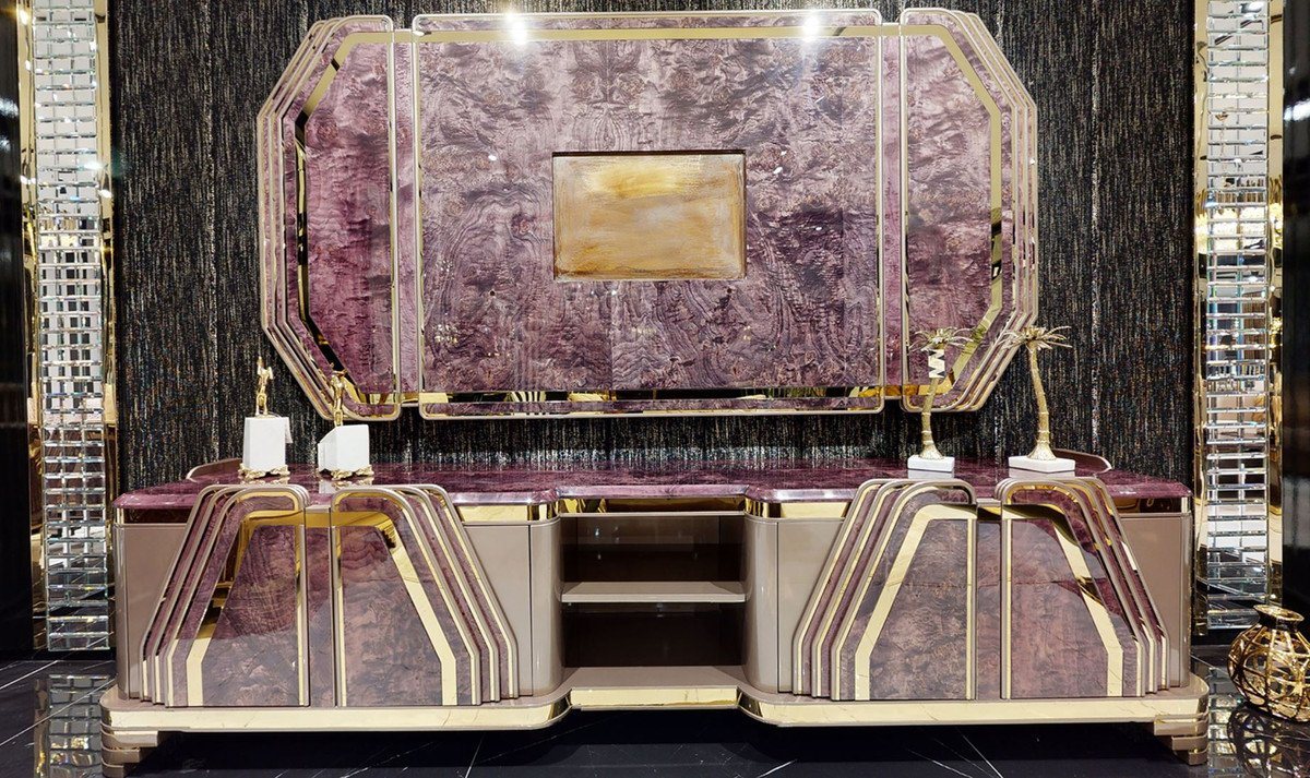 Casa Padrino TV-Schrank Luxus Art Deco TV Schrank Lila / Grau / Gold - Prunkvolles Wohnzimmer Sideboard mit TV Rückwand - Art Deco Wohnzimmer Möbel - Luxus Kollektion von Casa Padrino