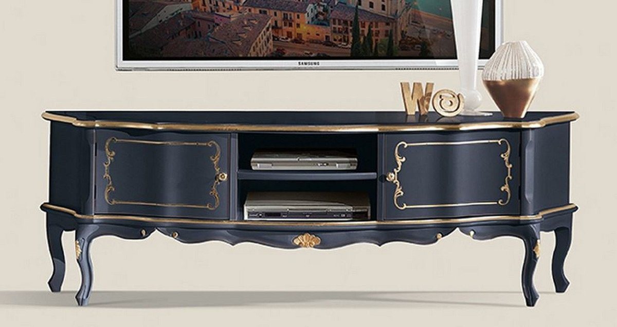 Casa Padrino TV-Schrank Luxus Barock TV Schrank Blau / Gold - Handgefertigtes Massivholz Sideboard mit 2 Türen - Barock Wohnzimmer Möbel - Luxus Qualität - Made in Italy von Casa Padrino