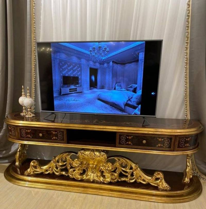 Casa Padrino TV-Schrank Luxus Barock TV Schrank Braun / Antik Gold 220 x 50 x H. 70 cm - Prunkvoller Massivholz Fernsehschrank - Barock Wohnzimmer Möbel von Casa Padrino
