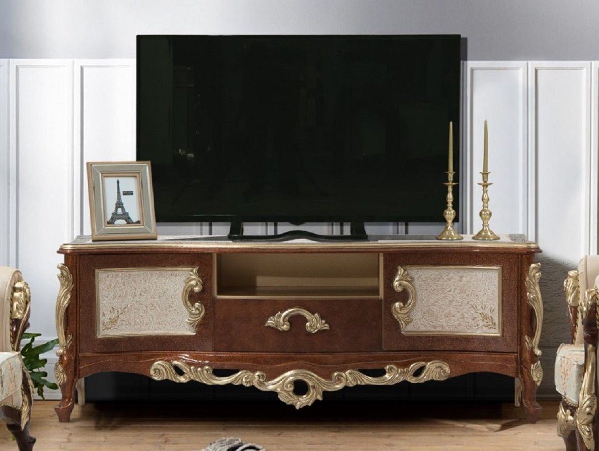 Casa Padrino TV-Schrank Luxus Barock TV Schrank Braun / Gold - Handgefertigtes Massivholz Sideboard mit 2 Türen und Schublade - Barock Wohnzimmer Möbel von Casa Padrino