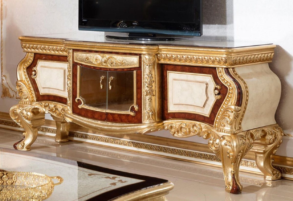 Casa Padrino TV-Schrank Luxus Barock TV Schrank Weiß / Braun / Gold - Prunkvolles Massivholz Sideboard mit 4 Türen und Schublade - Barock Wohnzimmer Möbel von Casa Padrino