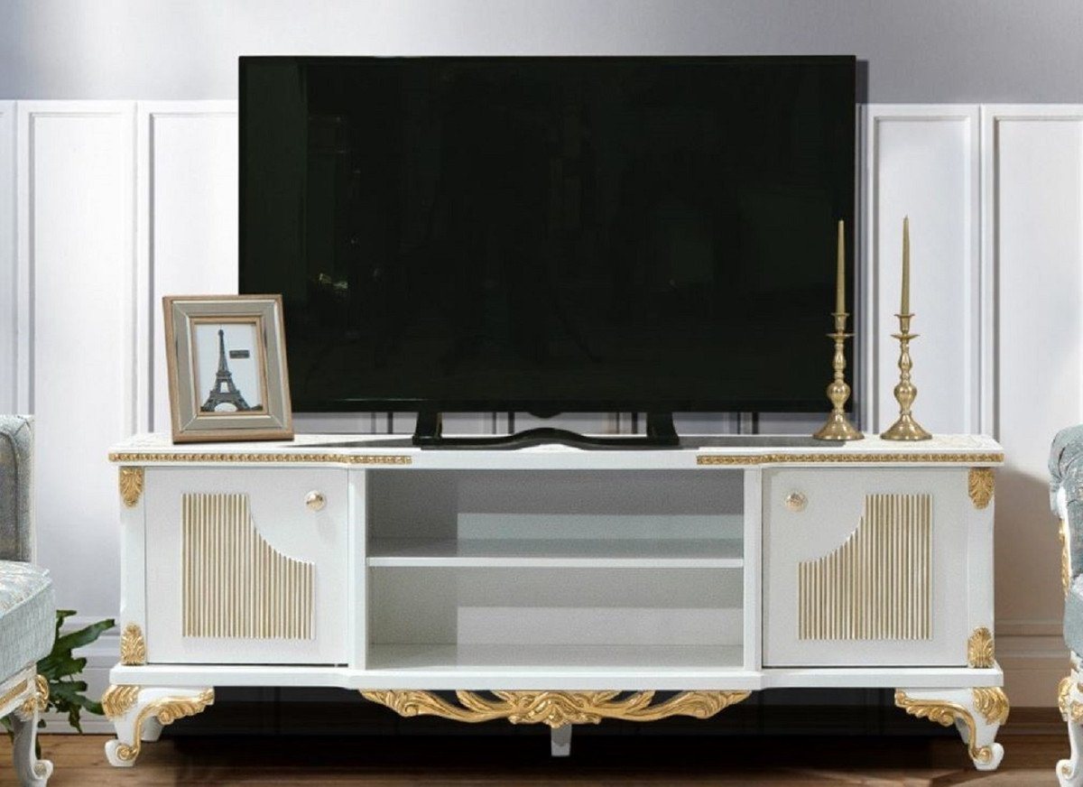 Casa Padrino TV-Schrank Luxus Barock TV Schrank Weiß / Gold - Handgefertigtes Massivholz Sideboard mit 2 Türen - Barock Wohnzimmer Möbel von Casa Padrino