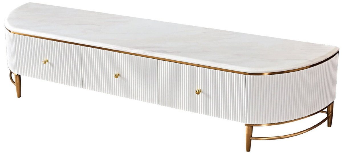 Casa Padrino TV-Schrank Luxus TV Schrank Weiß / Messingfarben / Gold 200 x 40 x H. 42 cm - Modernes Wohnzimmer Sideboard mit 3 Schubladen - Moderne Wohnzimmer TV Möbel von Casa Padrino