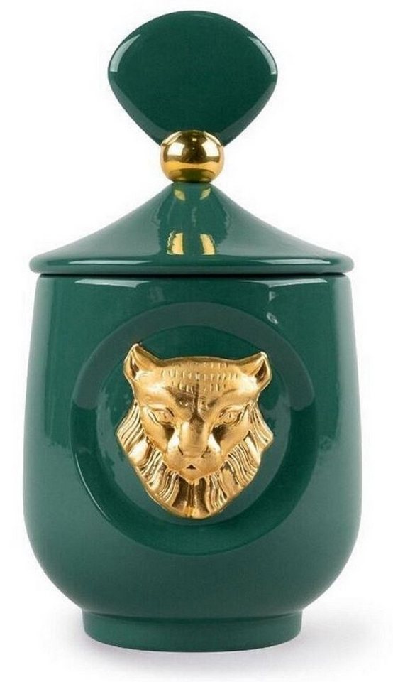 Casa Padrino Teelichthalter Luxus Duftspender Luchs Katze Grün / Gold Ø 11 x H. 21 cm - Runder Porzellan Raumerfrischer mit Deckel - Deko Accessoires - Luxus Qualität von Casa Padrino