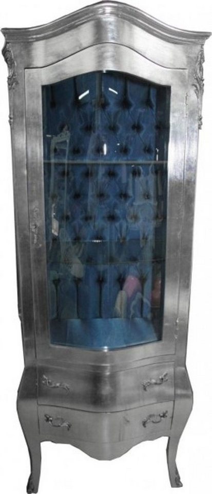Casa Padrino Vitrine Barock Vitrine Silber mit Azzurfarbenen Innenstoff - Antik Stil Möbel von Casa Padrino