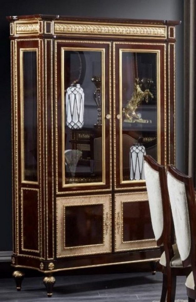 Casa Padrino Vitrine Casa Padrino Luxus Barock Vitrine Dunkelbraun / Gold - Prunkvoller Massivholz Vitrinenschrank mit 4 Türen - Luxus Möbel im Barockstil - Barock Möbel - Edel & Prunkvoll von Casa Padrino